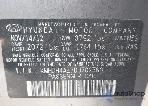 2013 Hyundai Elantra Gls from USA, damaged, VIN KMHDH4AE7DU702760